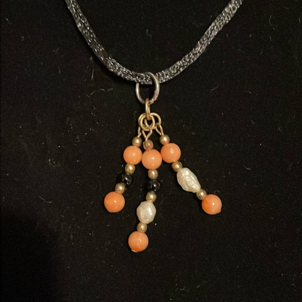 Hand Crafted Boho Peachy Beaded Tri Dangle on Silky Black Cord Necklace